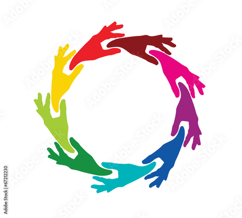 team colored hands in a circle