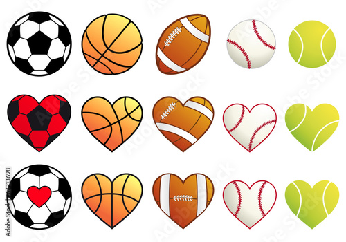 football,soccer, basketball, tennis balls and hearts, vector set