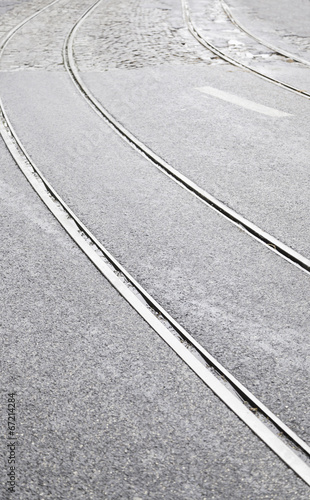 Tram tracks on a street in Lisbon