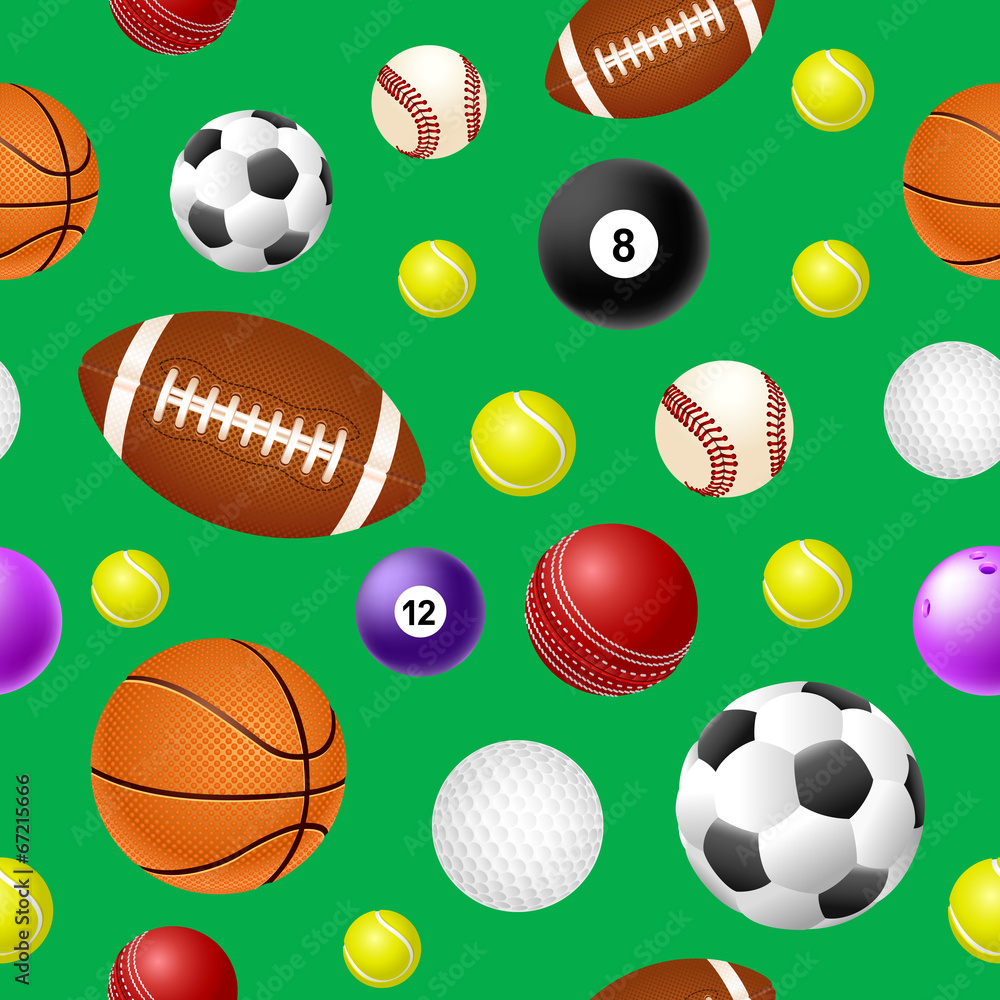 Sports ball seamless pattern on green background
