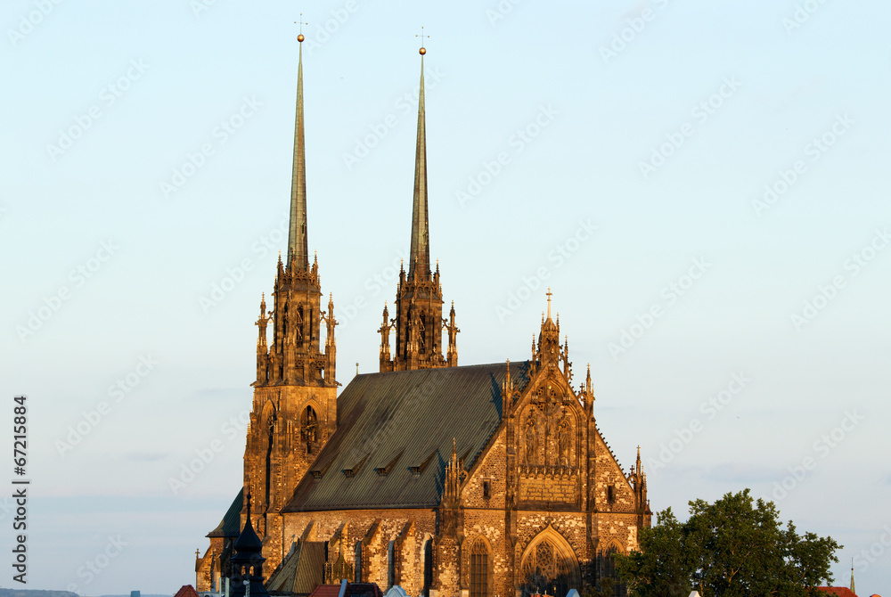 Illuminated St. Peter and Paul Cathedral at sunset, Brno