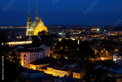 Illuminated St. Peter and Paul Cathedral at night, Brno