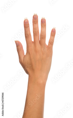 Manicured female open hand gesture number five fingers up i