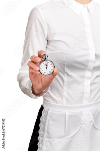 Photograph of a bust of a waitress holding a stopwatch