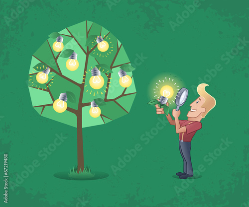 Successful inventor looking idea-lightbulb through the magnifyer