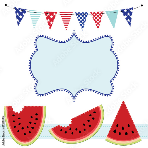 Three slices of watermelon and bunting or flags, with frame