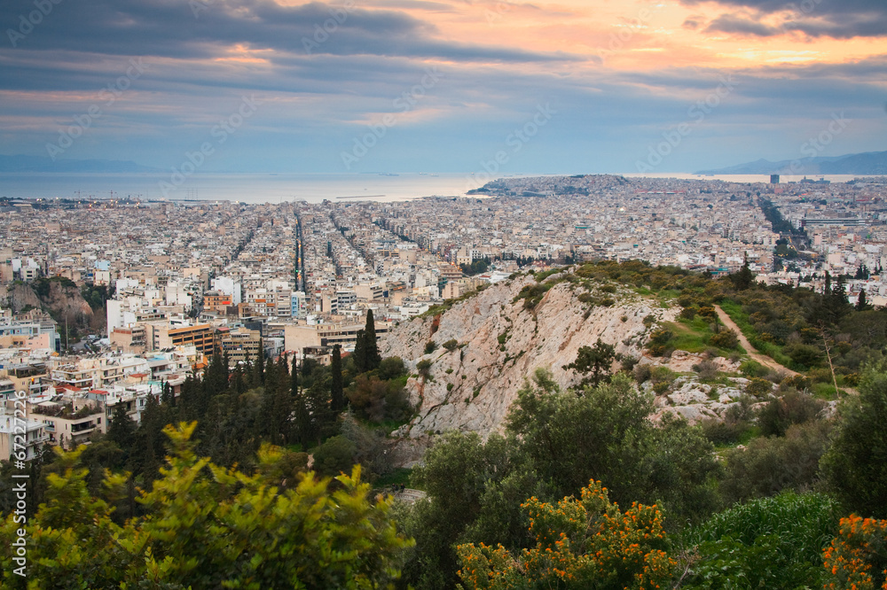Evening view of Athens from Filopappou Hill.