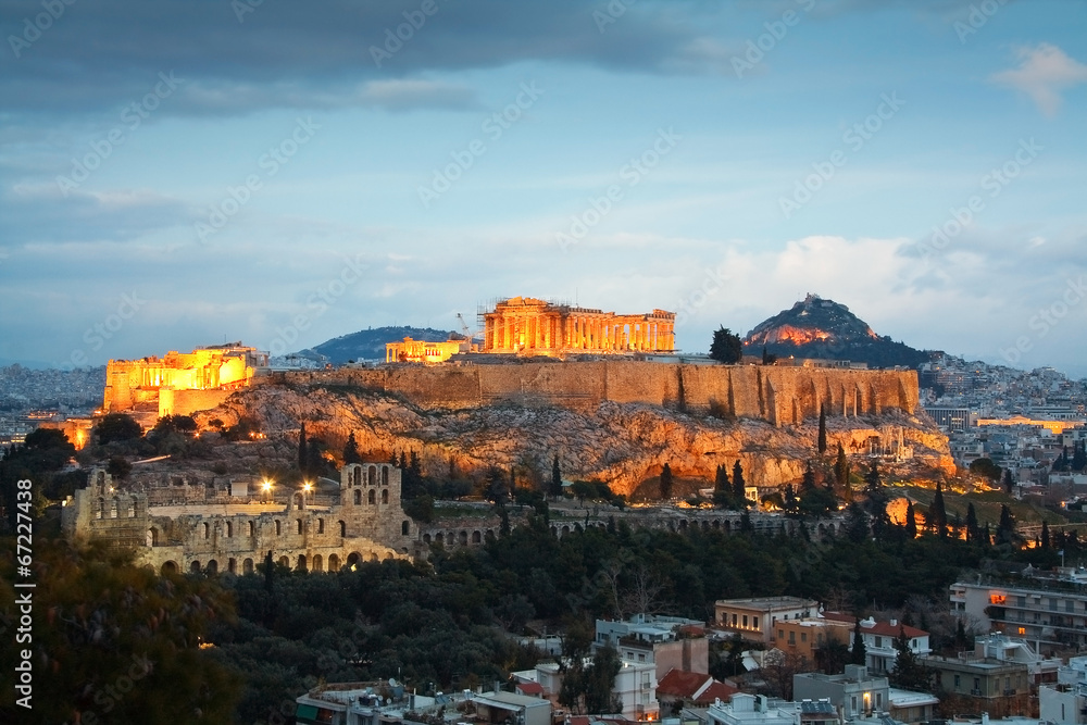Acropolis as seen from Filopappou Hill, Athens. - obrazy, fototapety, plakaty 