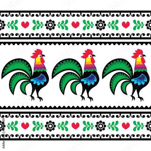 Seamless Polish folk art pattern with roosters - Wycinanka