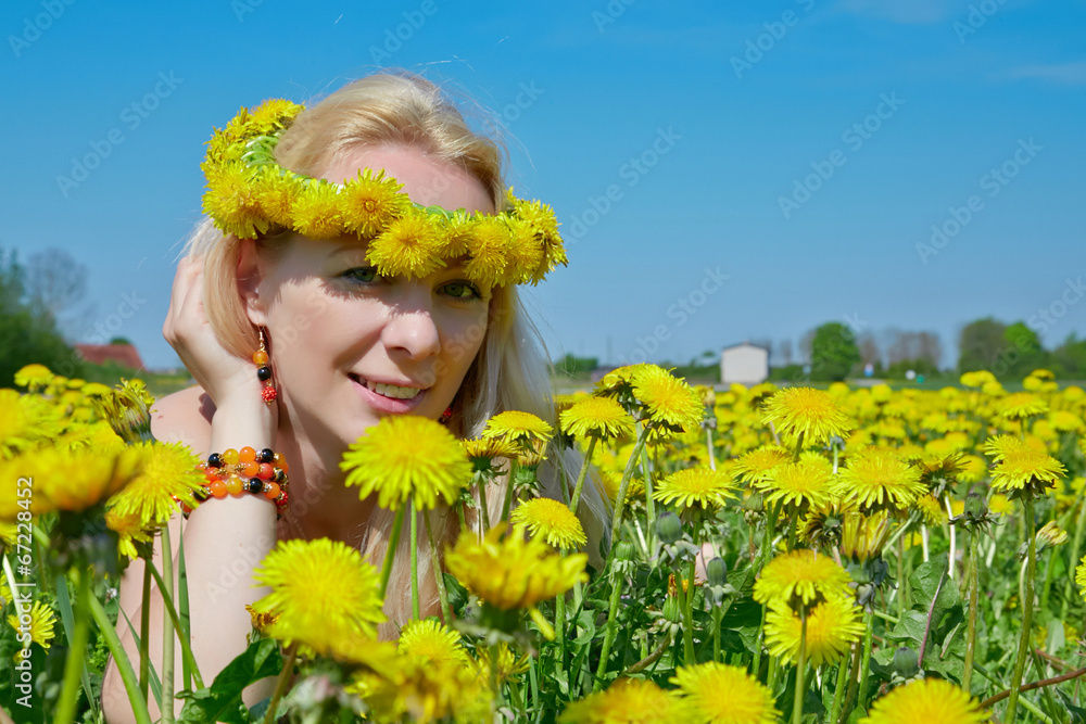 Beautiful young woman with flower wreath headband. Beautiful young woman with flower wreath headband.