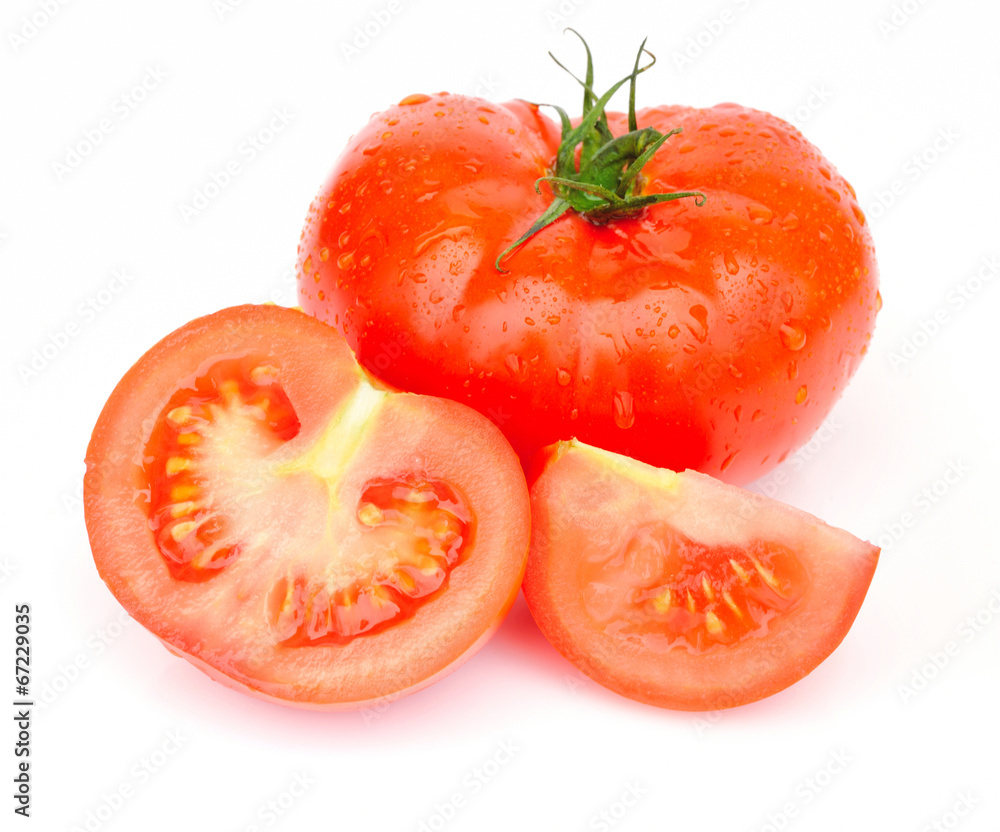 Tomato with drops isolated on white background Tomato with drops isolated on white background