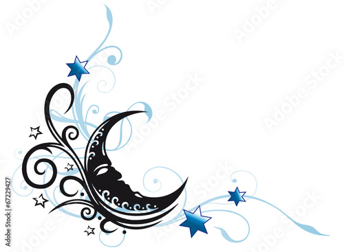 Ranke mit Mondsichel und Sternen. Mond, Schlaf, Traum.