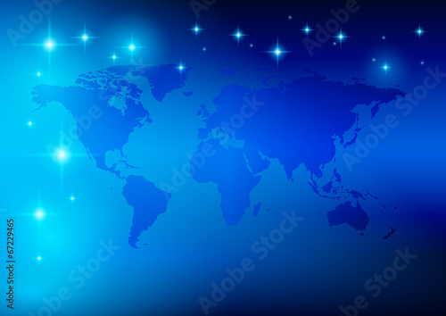 bright blue background - world map with stars - vector