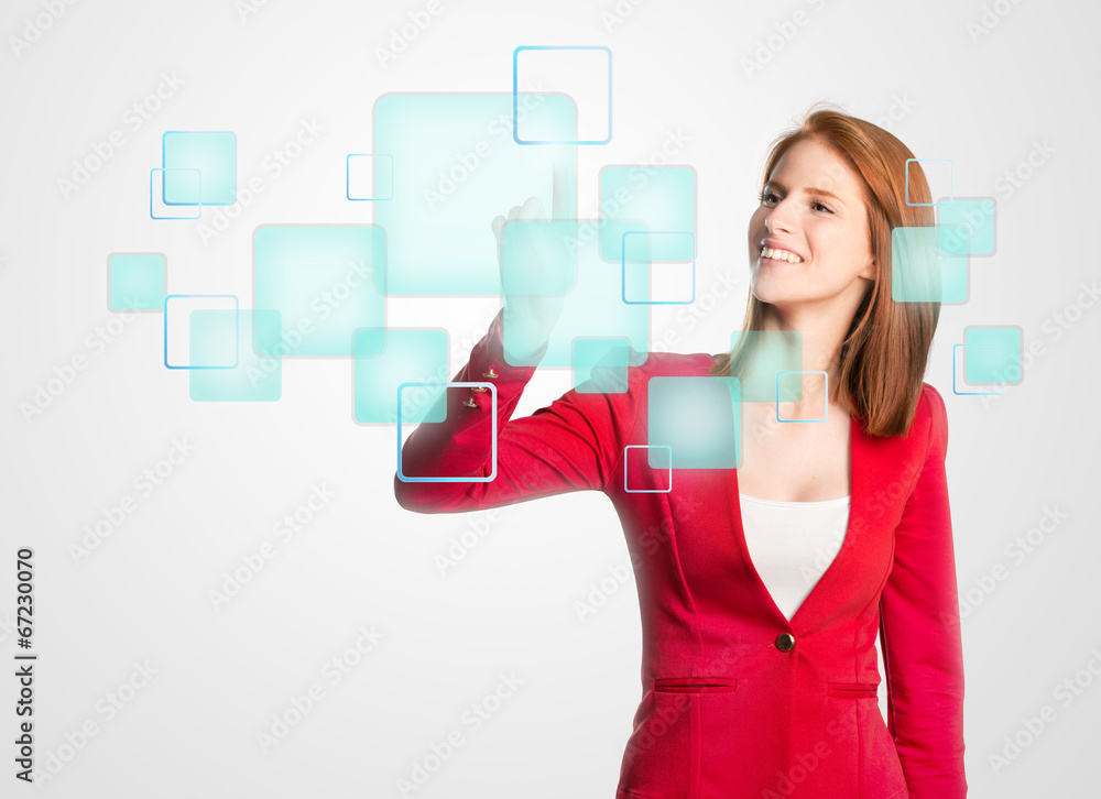 Woman pressing a modern digital panel Woman pressing a modern digital panel