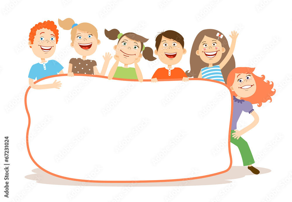 Cute laughing kids around a placard with copyspace Cute laughing kids around a placard with copyspace