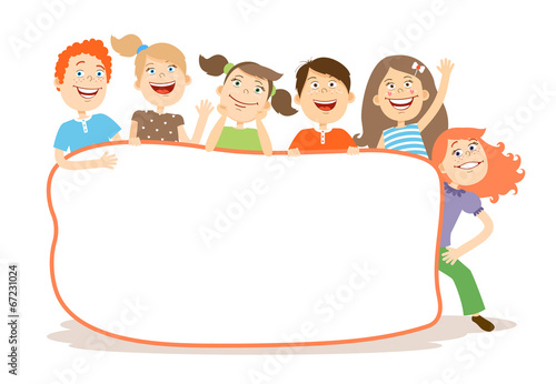 Cute laughing kids around a placard with copyspace