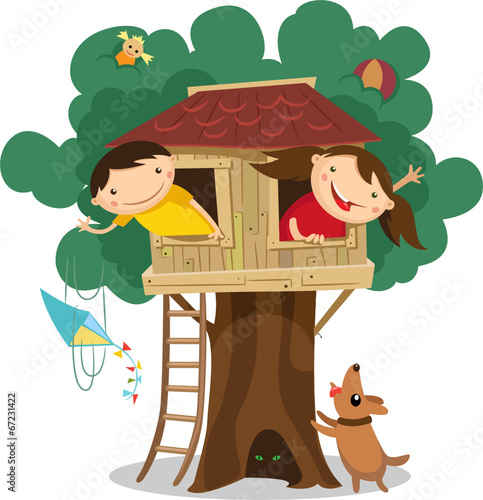 Children having fun in the treehouse. Vector illustration.
