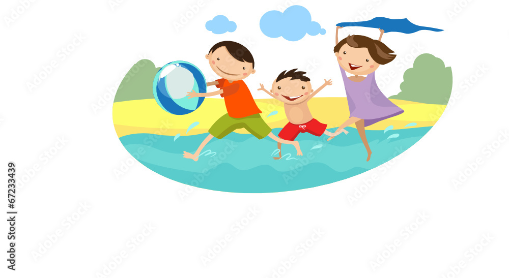 Family running on the beach. Vector illustration