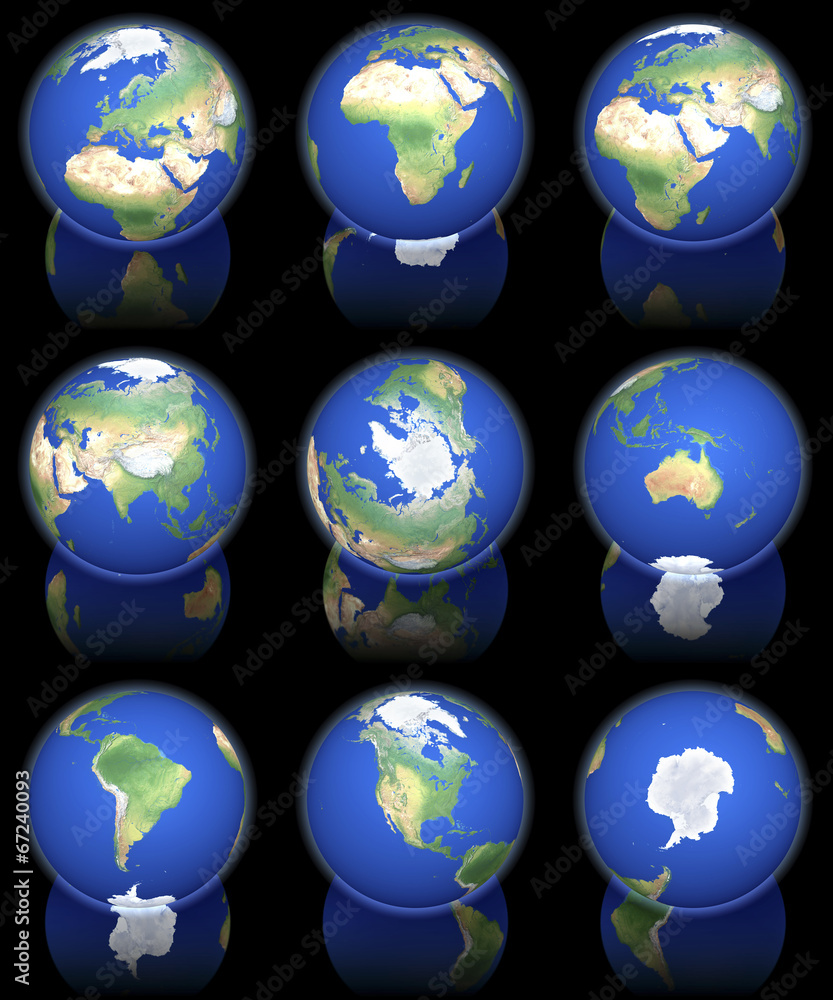 Earth views from orbit, set, black reflecting background Earth views from orbit, set, black reflecting background