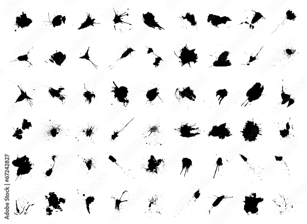 Set of 54 black blots and ink splashes - obrazy, fototapety, plakaty 
