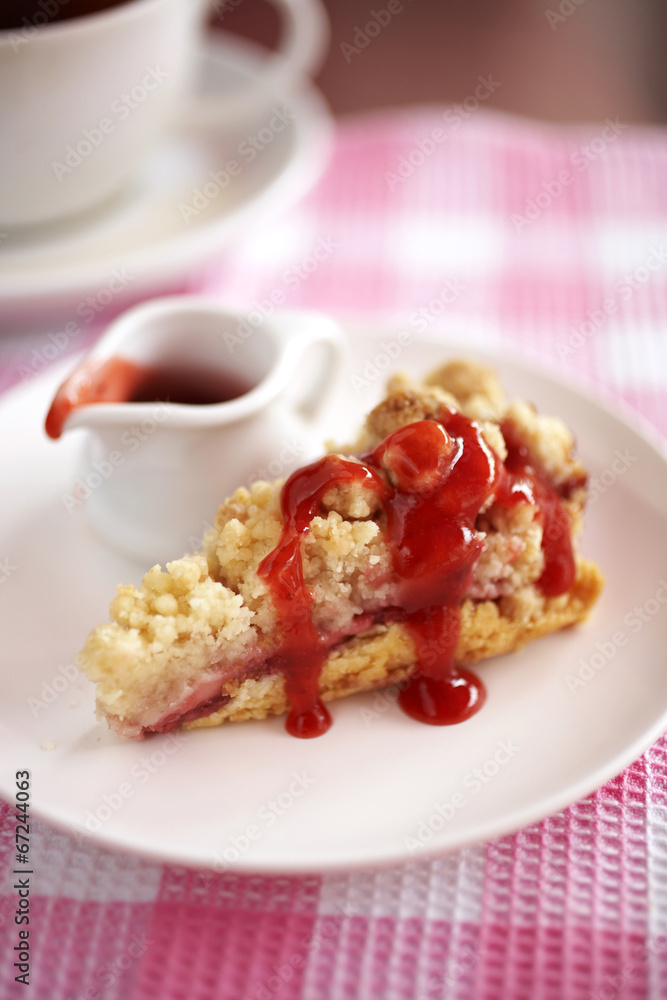 close up strawberry cheese cake with sweet sauce close up strawberry cheese cake with sweet sauce