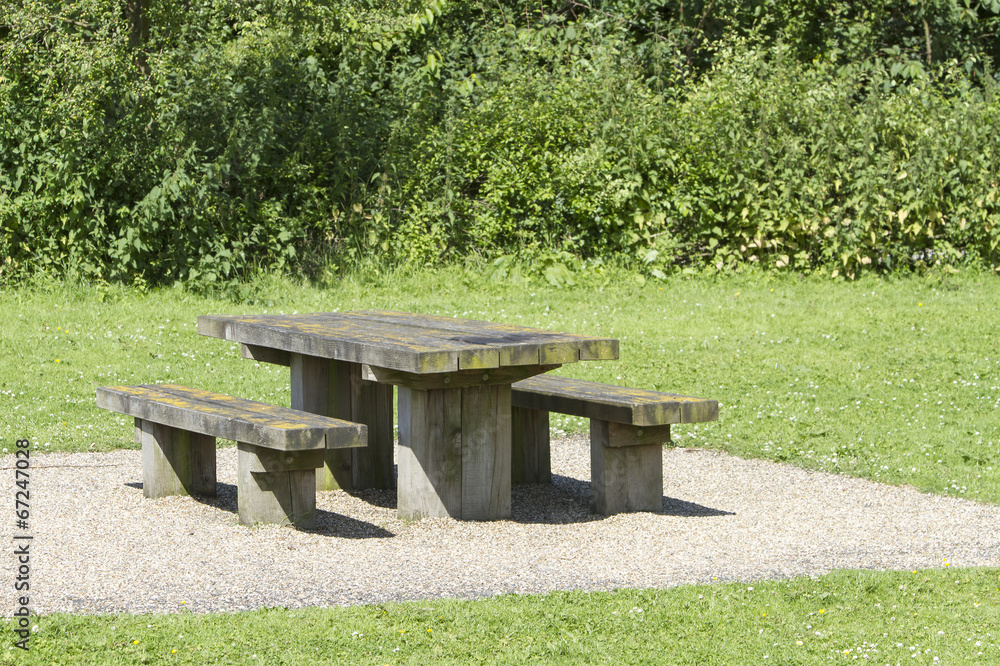 Wooden picnic bench in sunny park