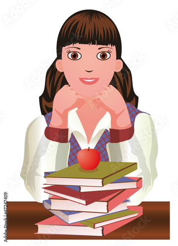 Back to School.  Little cute schoolgirl and apple