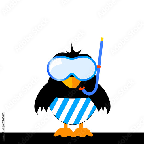 bird with blue shorts and a diving mask