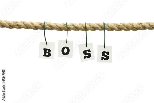 Letters spelling - Boss - hanging on small cards