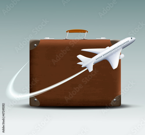 white plane flies around the brown suitcase