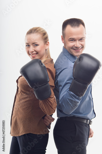 Coworkers in boxing gloves