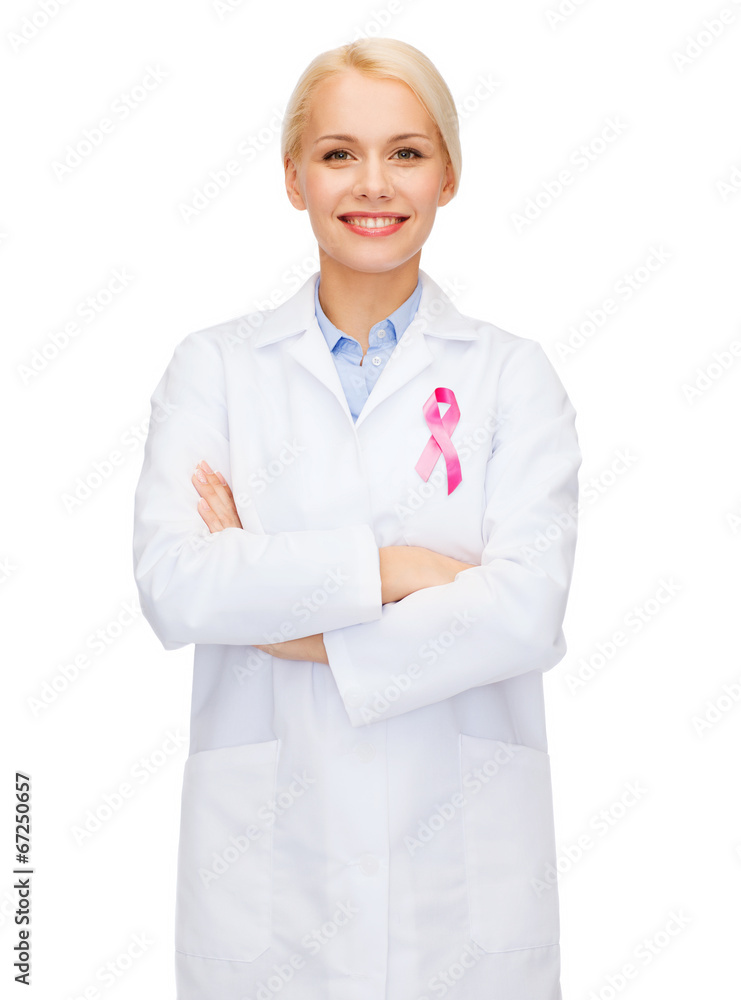 female doctor with breast cancer awareness ribbon female doctor with breast cancer awareness ribbon
