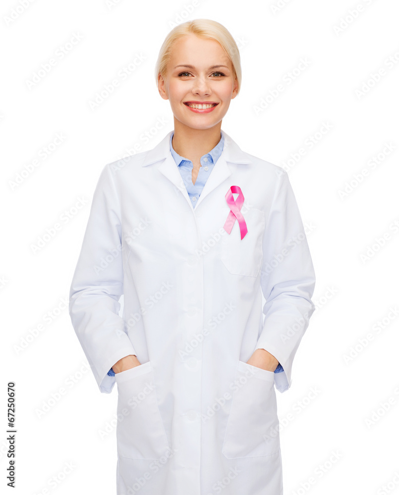 female doctor with breast cancer awareness ribbon female doctor with breast cancer awareness ribbon