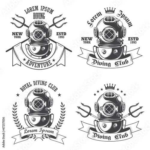 Set of diving labels, emblems and designed elements