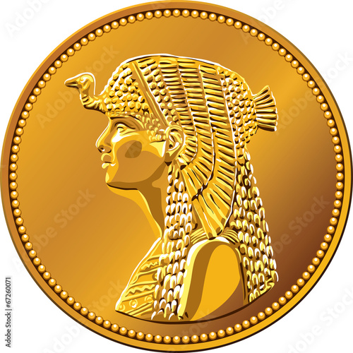 vector Egyptian money, gold coin featuring queen Cleopatra photo