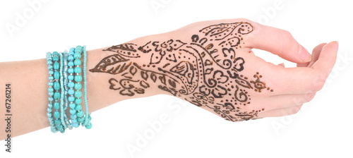 Hand painted with henna, isolated on white