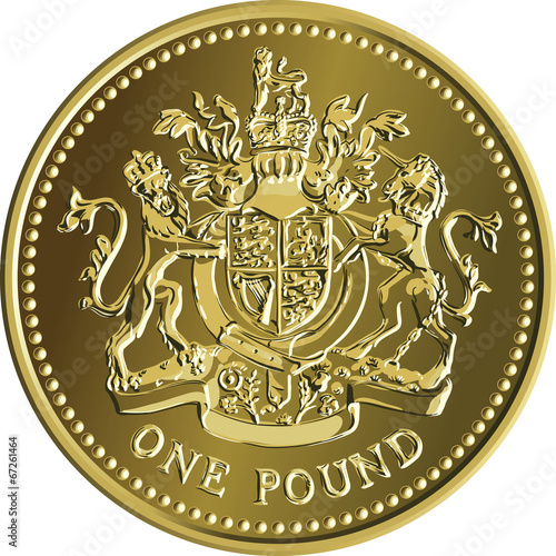 Vector British money gold coin one pound with the coat of arms