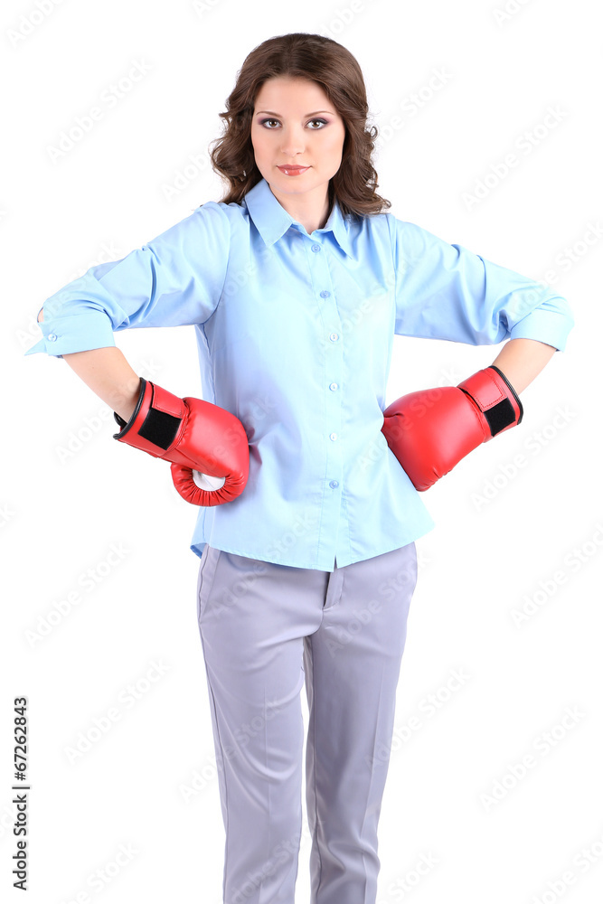 Young beautiful business woman with boxing gloves isolated Young beautiful business woman with boxing gloves isolated