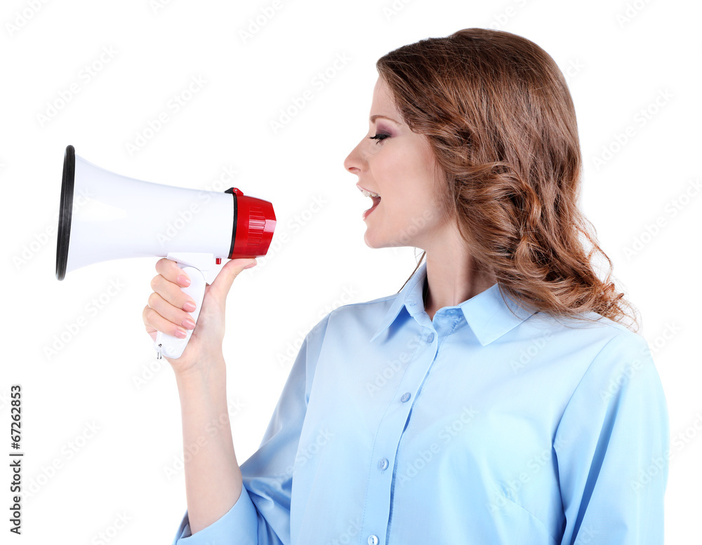 Young business woman with megaphone isolated on white Young business woman with megaphone isolated on white