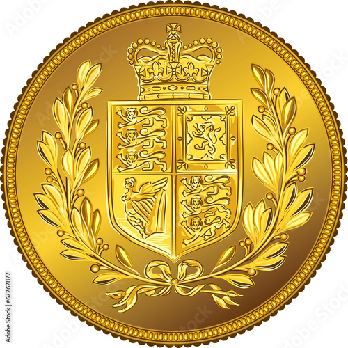 Vector British money gold coin Sovereign with the coat of arms