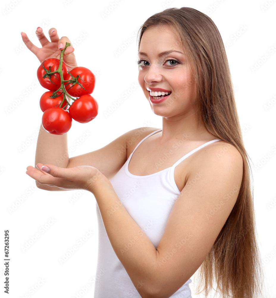 Beautiful girl with tomato, isolated on white Beautiful girl with tomato, isolated on white