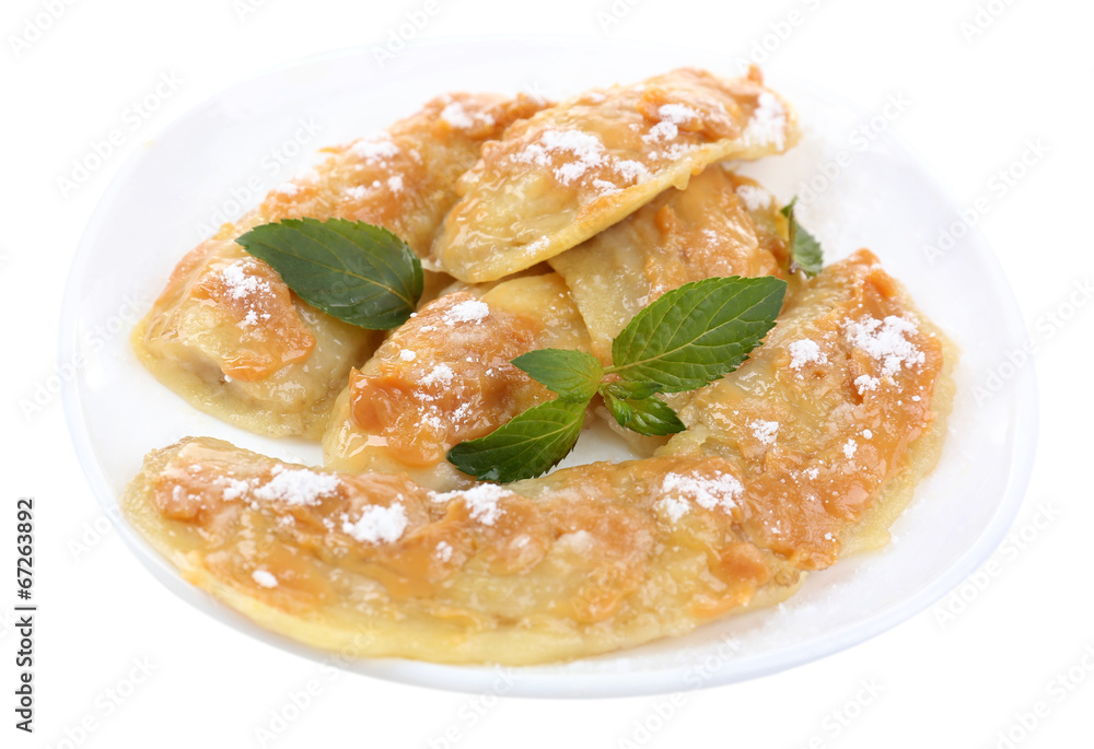 Sweetened fried banana on plate, isolated on white Sweetened fried banana on plate, isolated on white