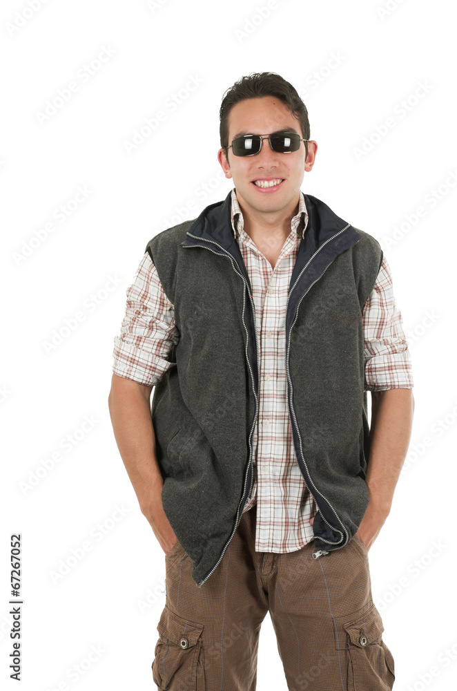 young man posing wearing sunglasses and vest young man posing wearing sunglasses and vest
