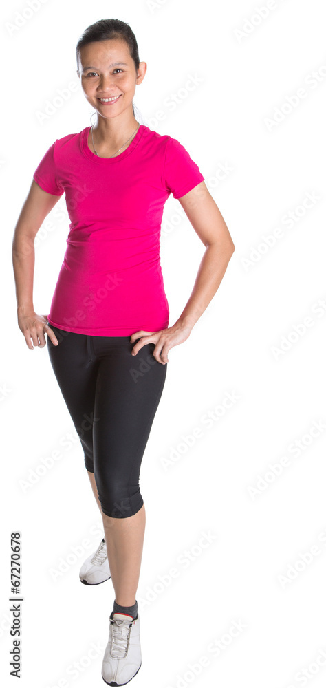 Female Asian athlete in sports attire over white background Female Asian athlete in sports attire over white background