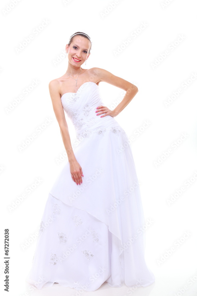 Wedding day. Romantic bride in white dress isolated Wedding day. Romantic bride in white dress isolated