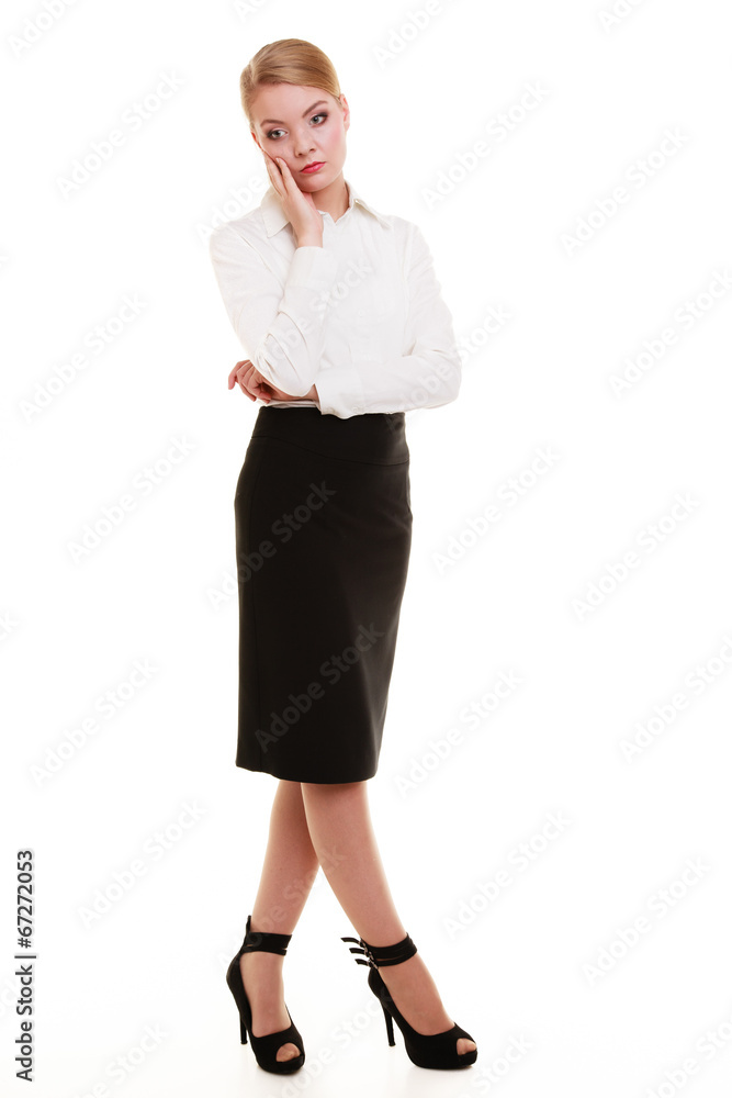 Full length of pensive thoughtful young businesswoman isolated Full length of pensive thoughtful young businesswoman isolated