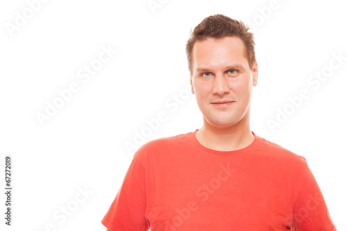 Portrait of handsome young man red t-shirt isolated