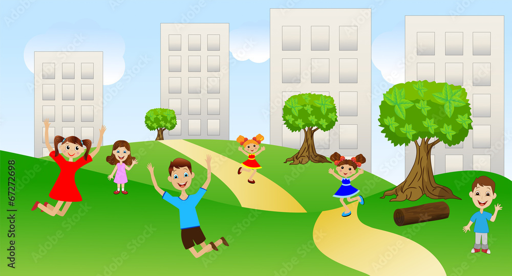 children play the green lawn near pitch houses children play the green lawn near pitch houses