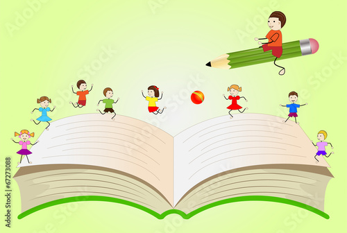 open book with playing children and boy, flying on a pencil