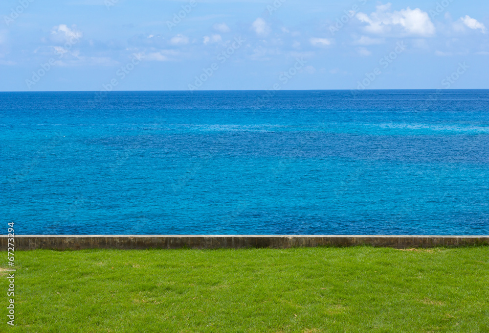 Blue sky sea view with lawn foreground